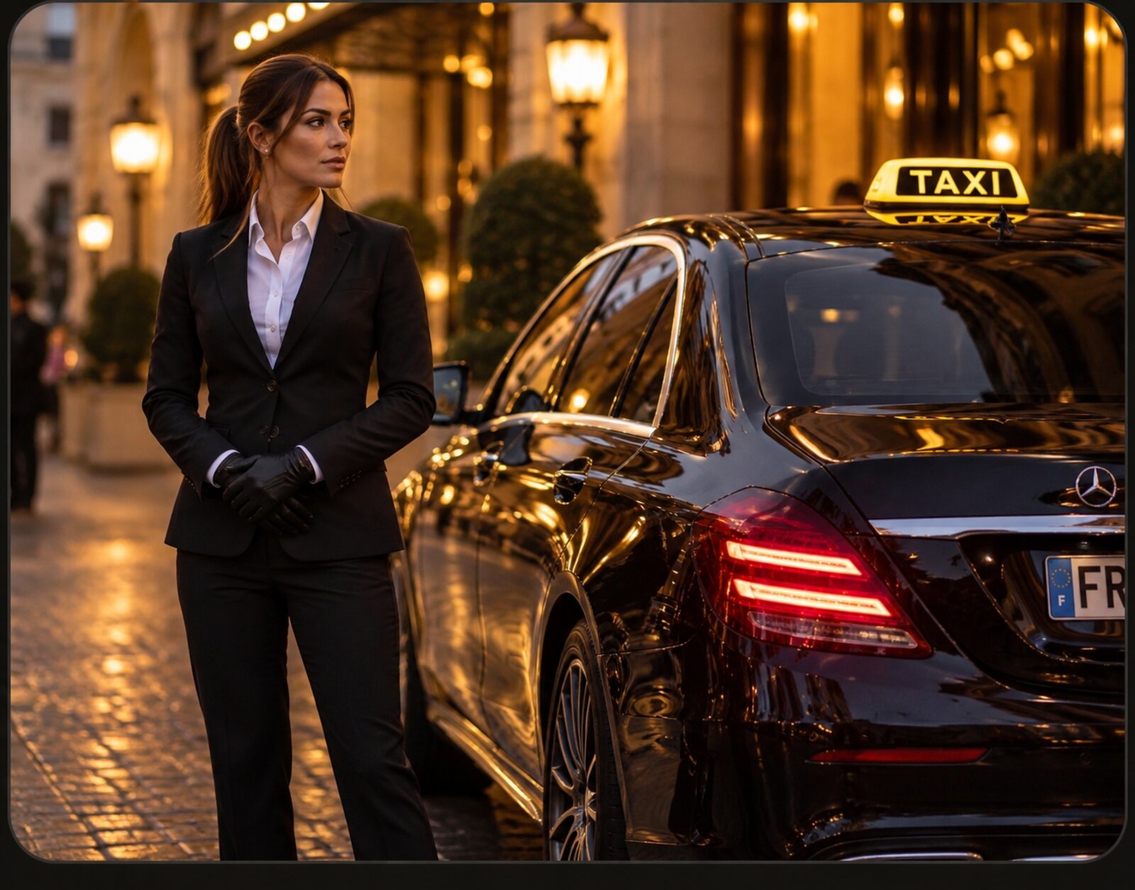 Chauffeuse de taxi près de sa berline